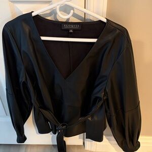 Eloquii Black Faux Leather V-Neck Top